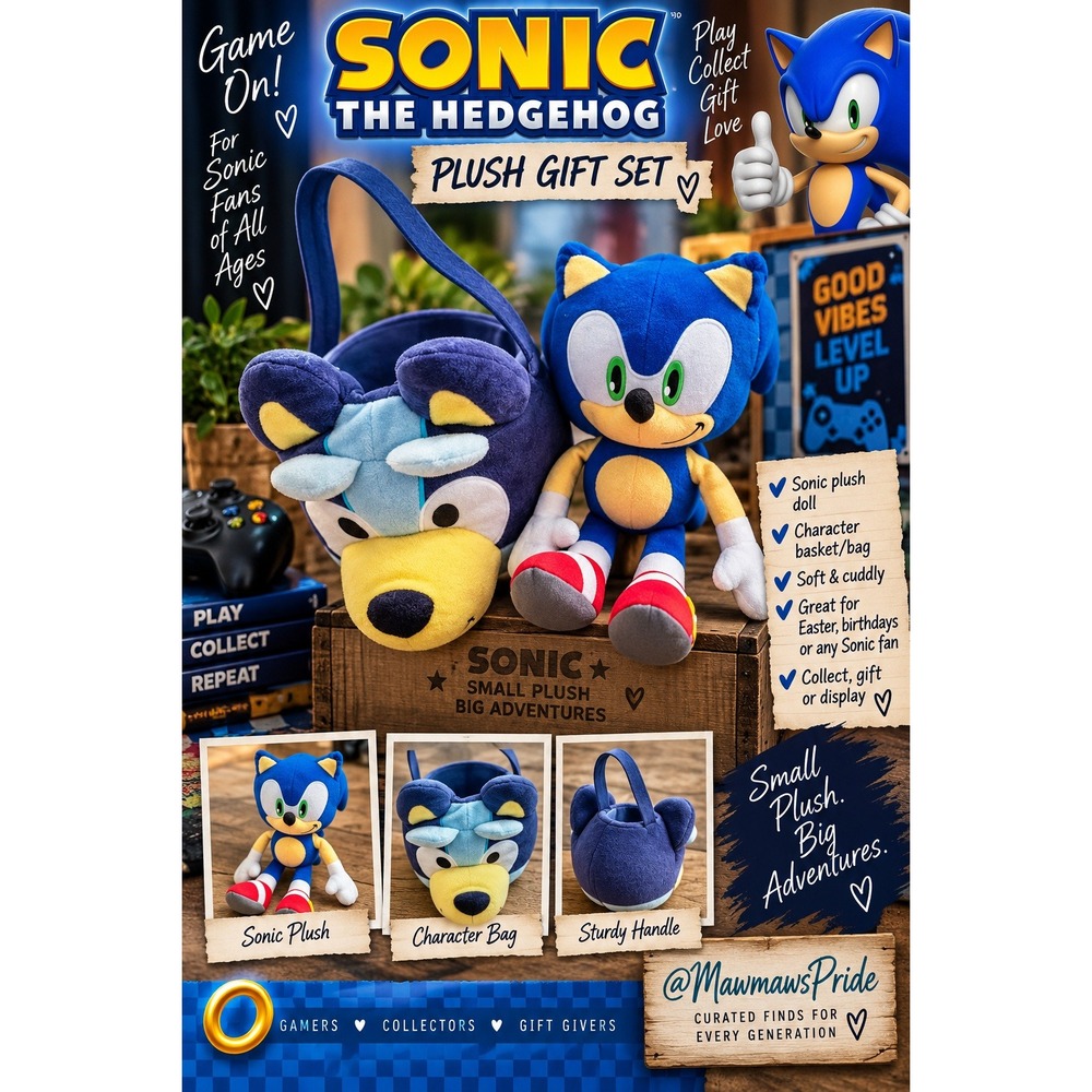 Sonic the Hedgehog Plush Gift Set 12in Modern Sonic Toy and Character Bag NWT